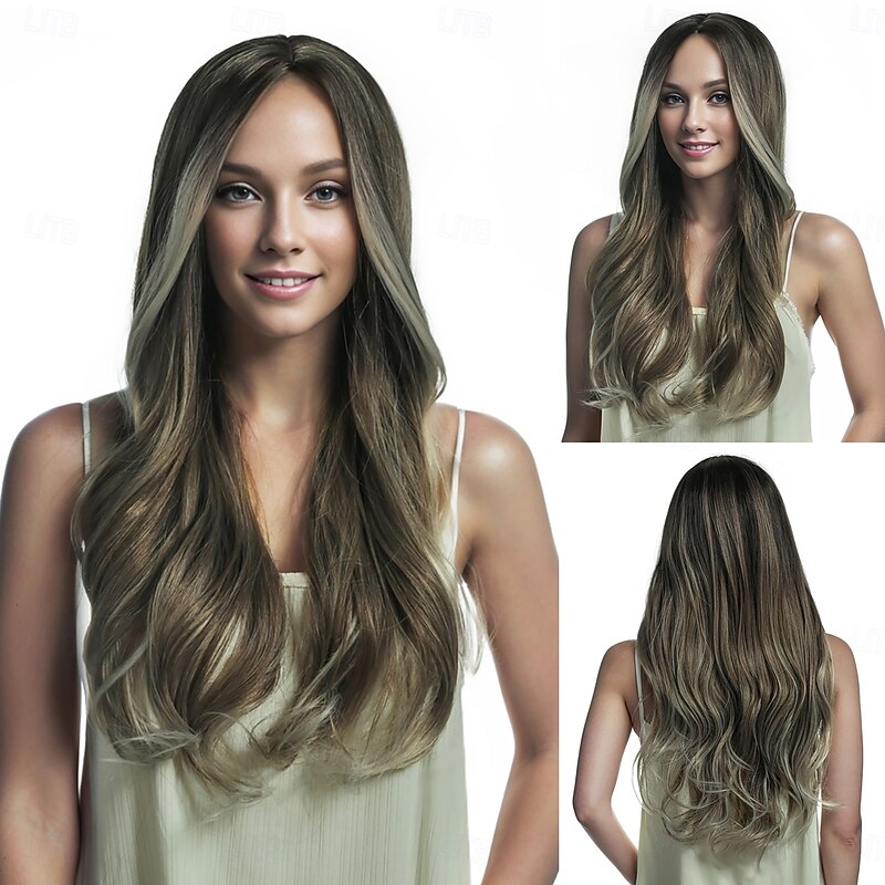 Synthetic Wig Body Wave Wavy Layered Haircut Deep Parting Machine Made Wig 24 inch A1 Synthetic Hair Women's Middle Part Classic Color Gradient Blonde