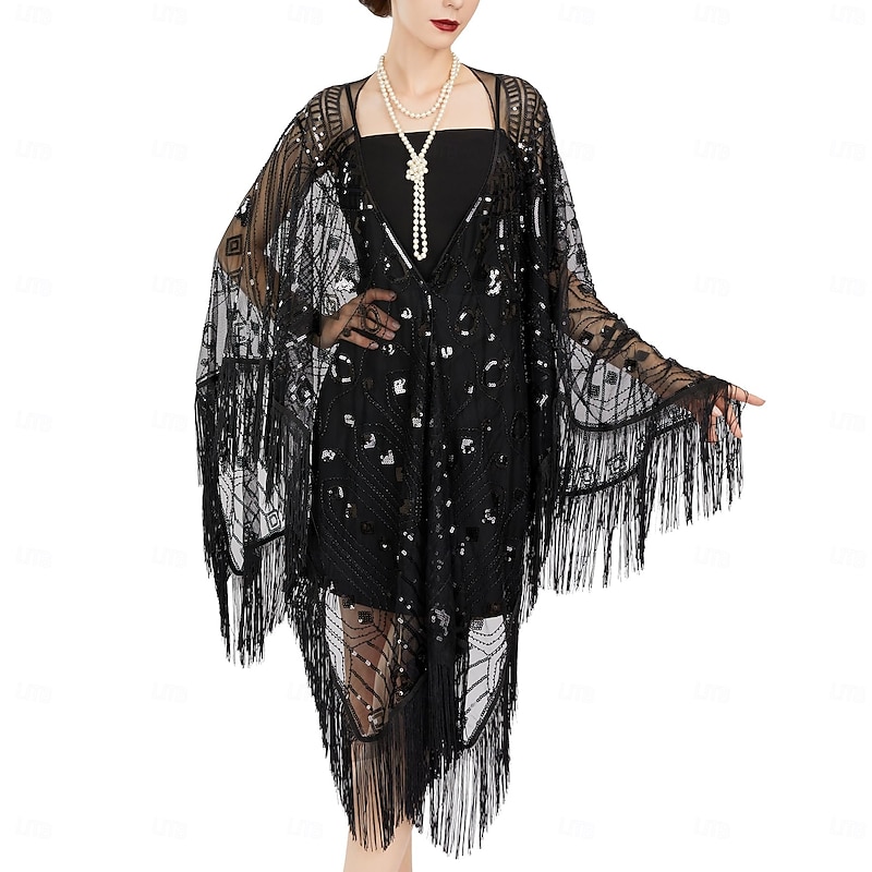 Retro Vintage Roaring 20s 1920s Scarf Wrap Shawls The Great Gatsby Flapper Girl Sequins Tassel Fringe Fancy Dress Women's Carnival Wedding Evening Party Masquerade Adults' Shawl3
