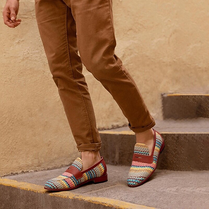 Men's Multicolor Woven Penny Loafers – Vintage Nylon Knit Slip-On Dress Shoes for Smart Casual Outfits2