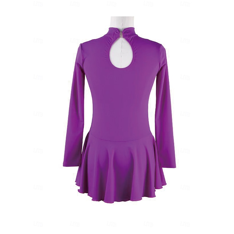 Figure Skating Dress Women's Girls' Ice Skating Dress Violet Patchwork Open Back Mesh Spandex Stretchy Training Practice Professional Skating Wear Thermal Warm Crystal / Rhinestone Long Sleeve Ice2