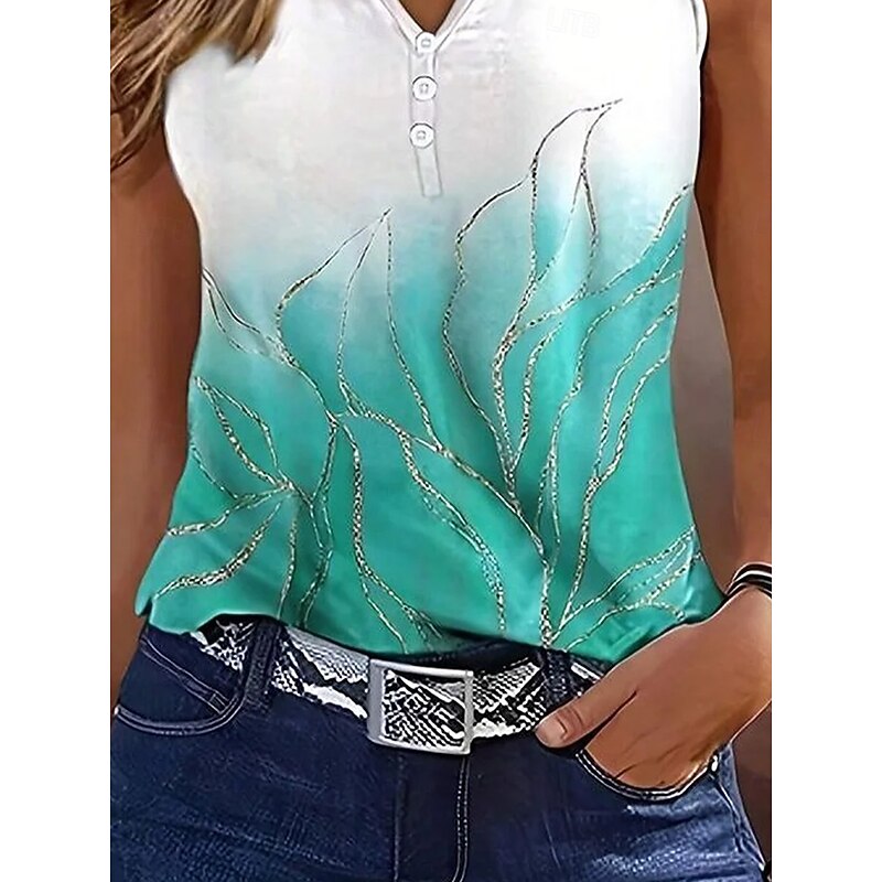 Women's Camisole Tank Top Ombre Floral Casual Sleeveless Notched Neck Regular Tops Daily Buttons Print Green Summer3