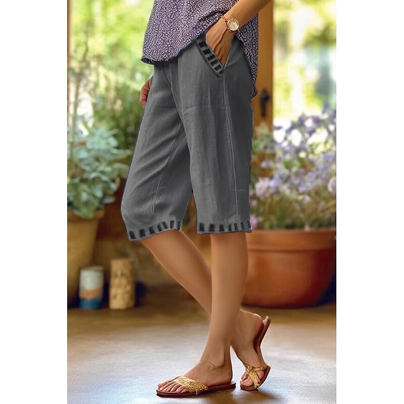 Women's Cotton Linen Pants Slacks Fashion Streetwear Knee Length Natural Plain Pocket Comfy Outdoor Street Daily Going out Light Sky Blue Black White Khaki Summer Regular Fit2