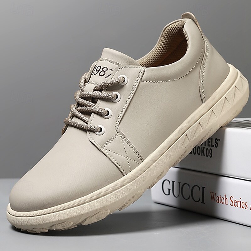 Men's Casual Beige Leather Sneakers with Lace-Up Design - Perfect for Everyday Comfort and Leisure Activities2
