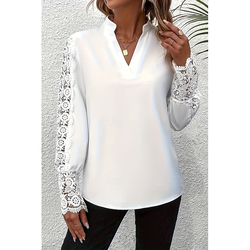 Women's Shirt Plain Daily Stylish Casual Long Sleeve V Neck Regular Tops Daily Holiday Going out Lace Black White Blue Spring4