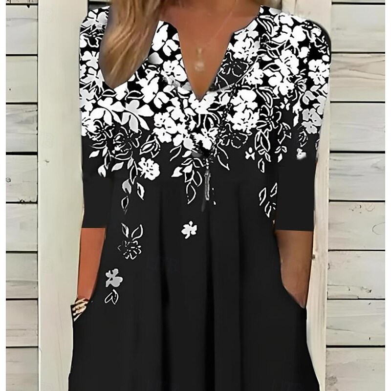 Women's Midi Dress Black Dress A Line Dress Vacation Vintage Boho Vacation Casual Daily Regular Fit Floral Half Sleeve Split Neck Black Summer Spring2
