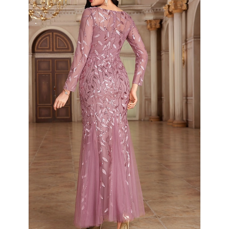 Dress Mother of the Bride Dress Elegant Party Crew Neck Floor Length Polyester Long Sleeve with Embroidery3