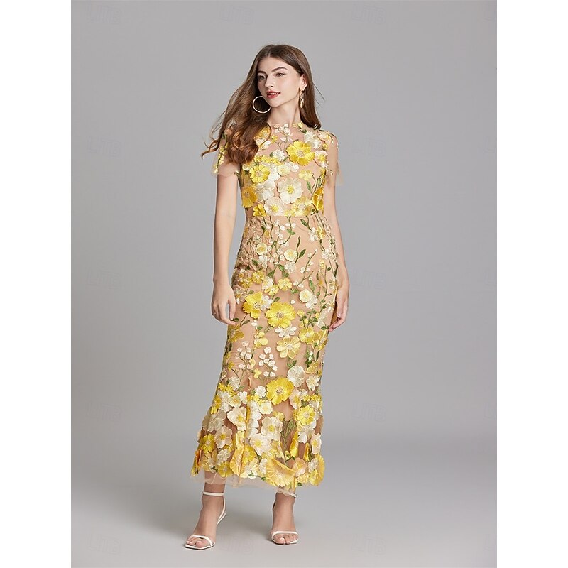 Mermaid / Trumpet Quinceanera Dresses Elegant Dress Wedding Wedding Guest Ankle Length Short Sleeve Crew Neck Polyester with Embroidery4