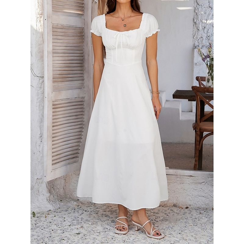 Women's Long Dress Maxi Dress White Dress Casual Dress Swing Dress Summer Dress Fashion Modern Elegant Dress Daily Date Weekend Regular Fit Plain Short Sleeve Square Neck Black White Yellow Navy Blue