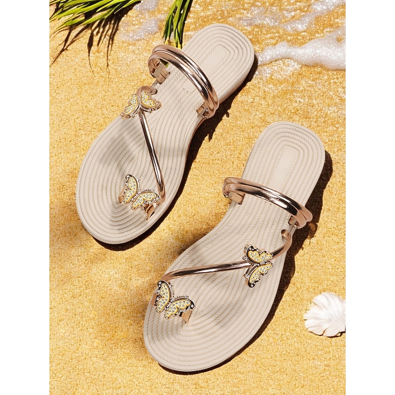 "Women's Butterfly Sandals – Elegant Gold Strappy Flat Sandals with Rhinestone Accents, Comfortable Beach Flip-Flops for Summer, Vacation and Casual Wear"4