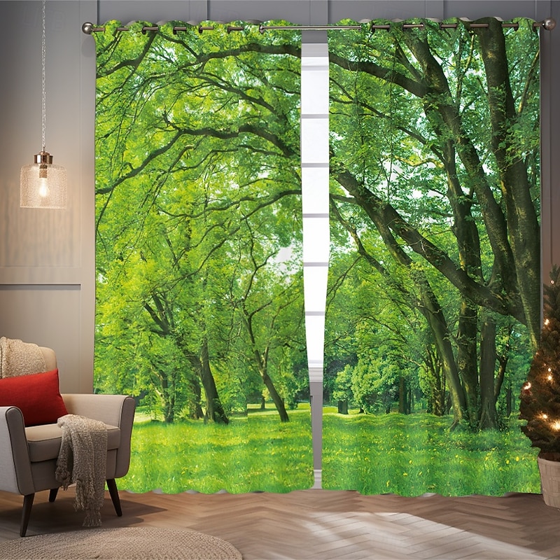 Green Healing Series Natural Forest Landscape Insulation Outdoor Balcony Rest Living Room Home Decoration 2-piece Set 3D Digital Printing Perforated Sunshade Curtains