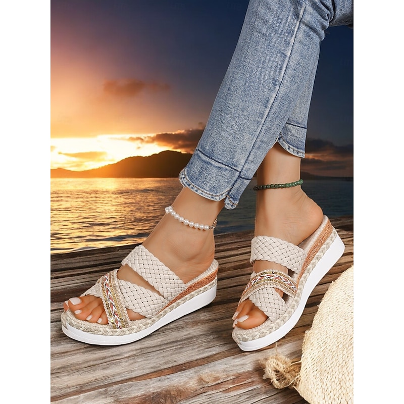 Women's Braided Wedge Sandals – Boho Style Slip-On Platform Sandals with Beaded Detailing for Summer, Beach, and Casual Outfits4