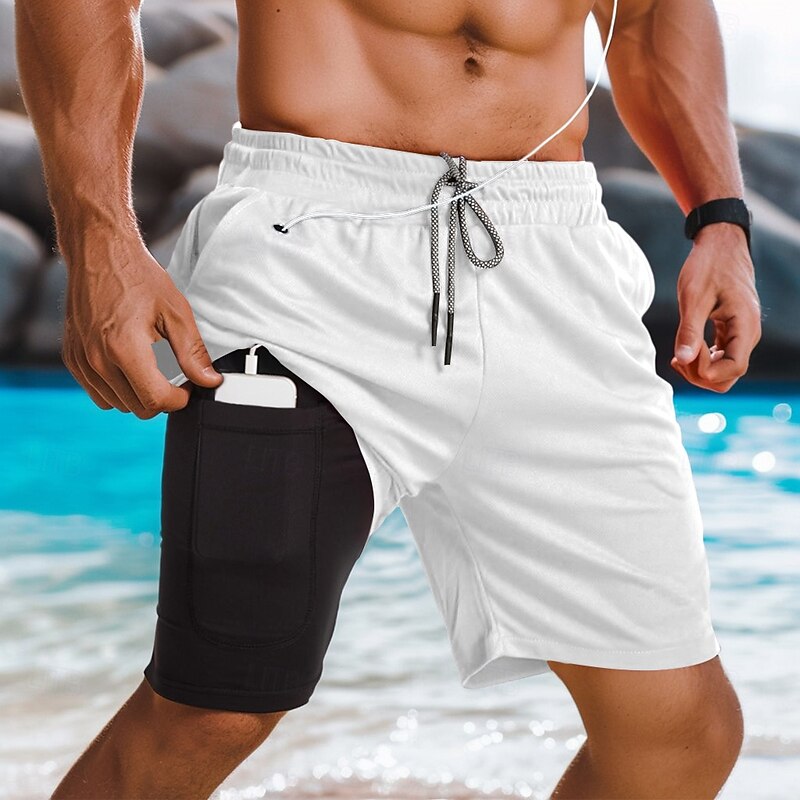 Men's Lined Shorts Athletic Shorts 2 in 1 Board Shorts Swim Shorts Shorts Drawstring Side Pockets Elastic Waist Plain Quick Dry Holiday Going out Gym Vacation Sports Black White Micro-elastic4