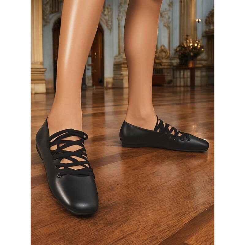 Women's Black Lace-Up Ballet Flats – Elegant Vintage-Inspired Strappy Shoes for Casual, Dressy, and Evening Wear4