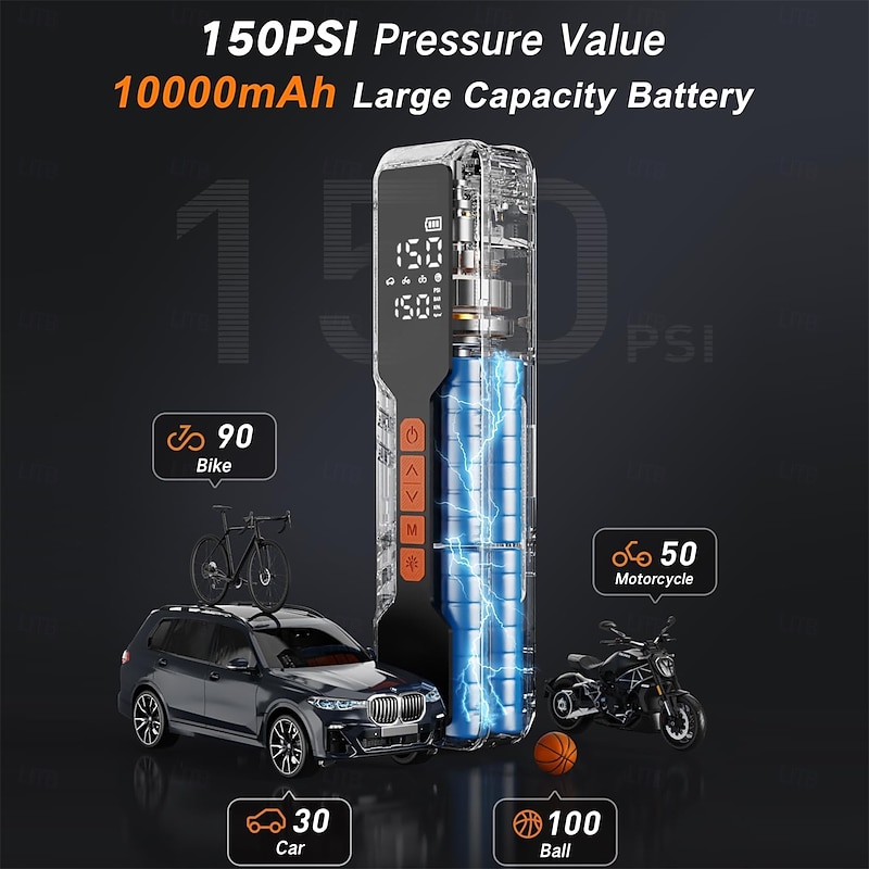 Tire Inflator Portable Air Compressor 4X Air Pump for Car Tires 150PSI&10000mAh Portable Tire Inflator for Car 12DC Air Pump