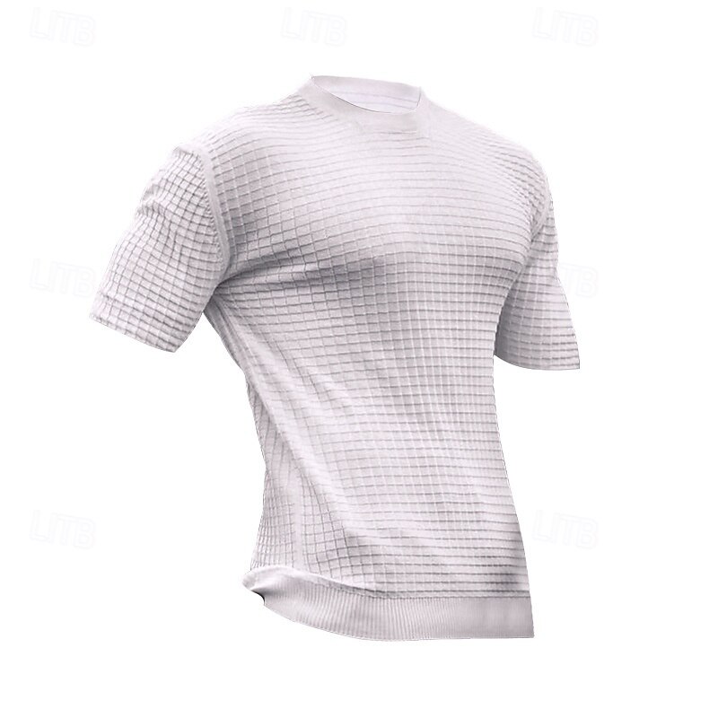 Men's T Shirt Tee Waffle Knit Tee Short Sleeve Shirt Short Sleeve Crew Neck Summer Plain Fashion Designer Basic Jacquard Vacation Street Going out Black White khaki Top Tee for Men4