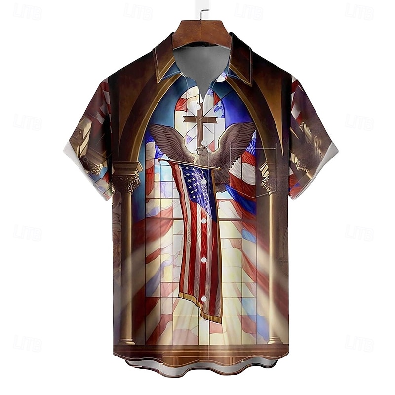 Easter Men's Templar Cross American US Flag Cathedral Glass Shirt Casual Shirt Button Up Shirt Short Sleeve Vintage Retro Vacation Holiday Festival Summer Spring Turndown 3D Print Collared Shirts - Main Image