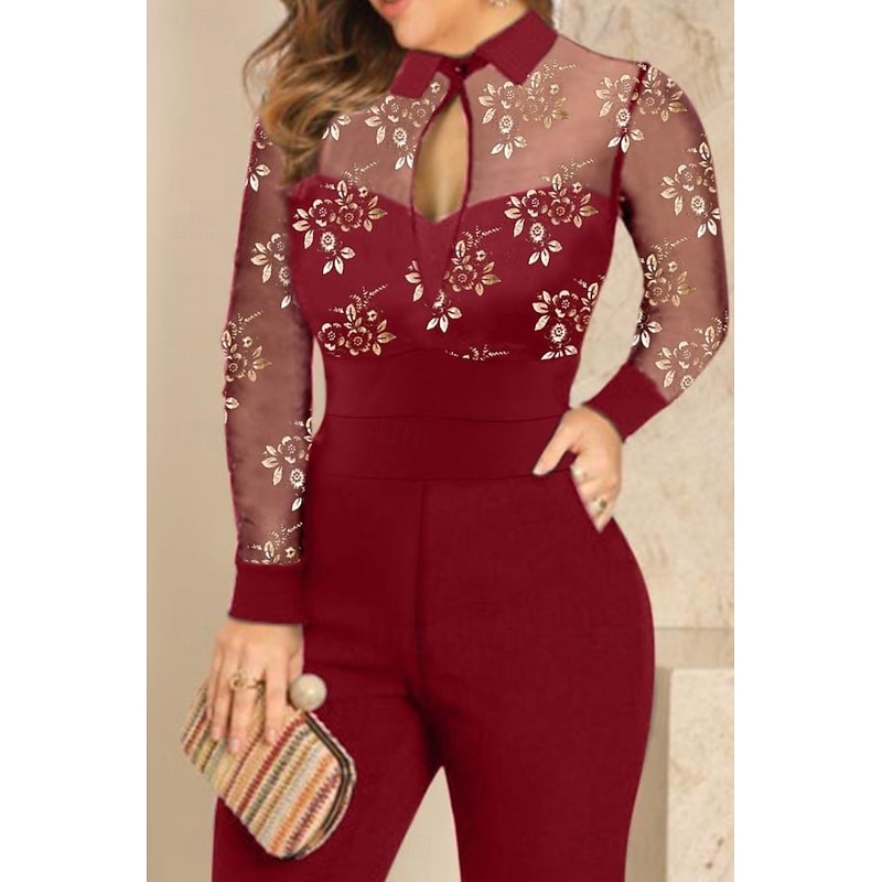 Women's Normal Jumpsuit Stylish Floral Long Sleeve Shirt Collar Lace Patchwork Street Holiday Regular Fit Black Wine Summer3