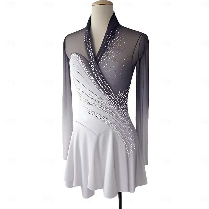 Figure Skating Dress Women's Girls' Ice Skating Dress Black White Blue White Thumbhole Halo Dyeing Mesh Spandex Stretchy Training Practice Professional Skating Wear Thermal Warm Classic Crystal