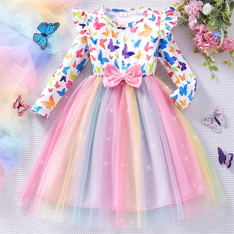 Kids Girls' Dress Butterfly Rabbit Long Sleeve Outdoor Casual Fashion Cute Polyester Knee-length Casual Dress A Line Dress Summer 4 years+ Pink Purple Orange