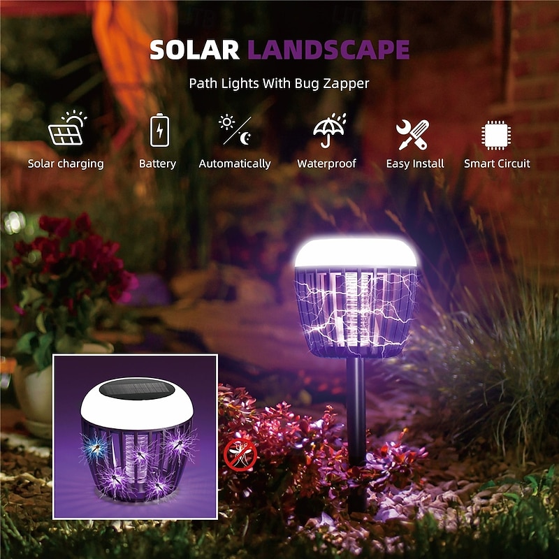 LED Solar Lights Bug Zapper Mosquito Killer Lamp Outdoor Courtyard Garden Outdoor Rechargeable Lighting Mosquito Killer Lamp Waterproof Mosquito Trap Mosquito Repellent Device  1PC4