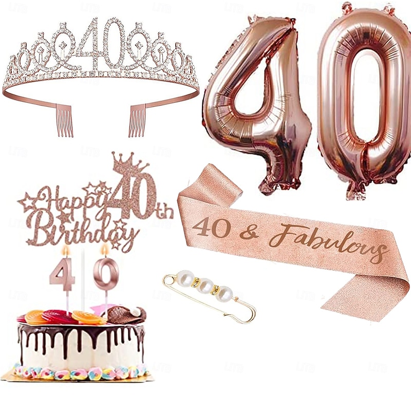Birthday Party Rose Gold  Deluxe 6-Piece Set - Balloon Numbers (10-80), Tiara, Sash, Cake Candles, Cake Topper - for Girls & Women4