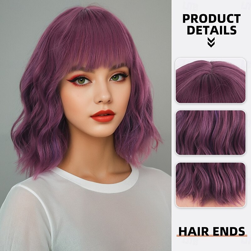 Synthetic Wig Wavy Curly Weave Asymmetrical Neat Bang Machine Made Wig 14 inch A1 Synthetic Hair Women's Classic Comfortable Color Gradient Multi-color2