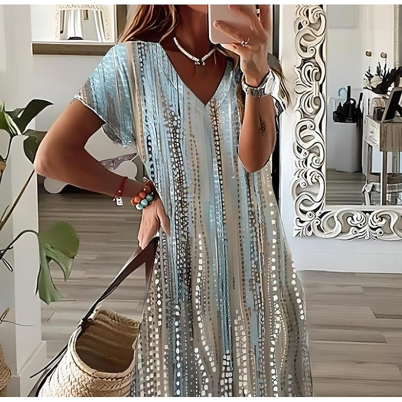 Women's Maxi Dress Sundress A Line Dress Vacation Casual Going out Beach Regular Fit Floral Graphic Short Sleeve V Neck Blue Green Spring Fall3