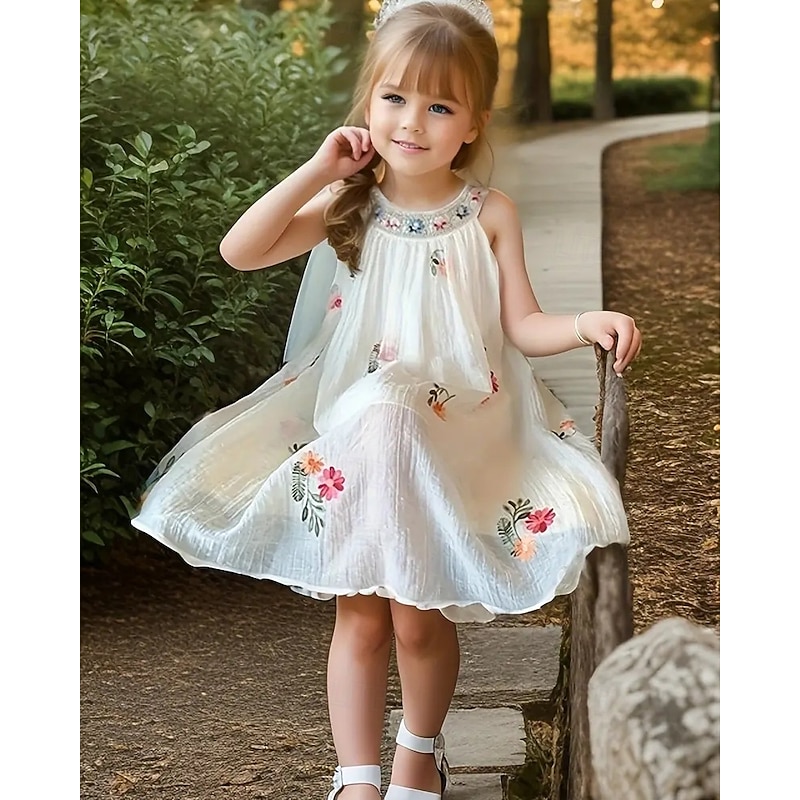 Kids Girls' Dress Floral Dress Flower Sleeveless Outdoor Casual Fashion Daily Polyester Knee-length Casual Dress Floral Dress Summer 4 years+ Beige - Main Image