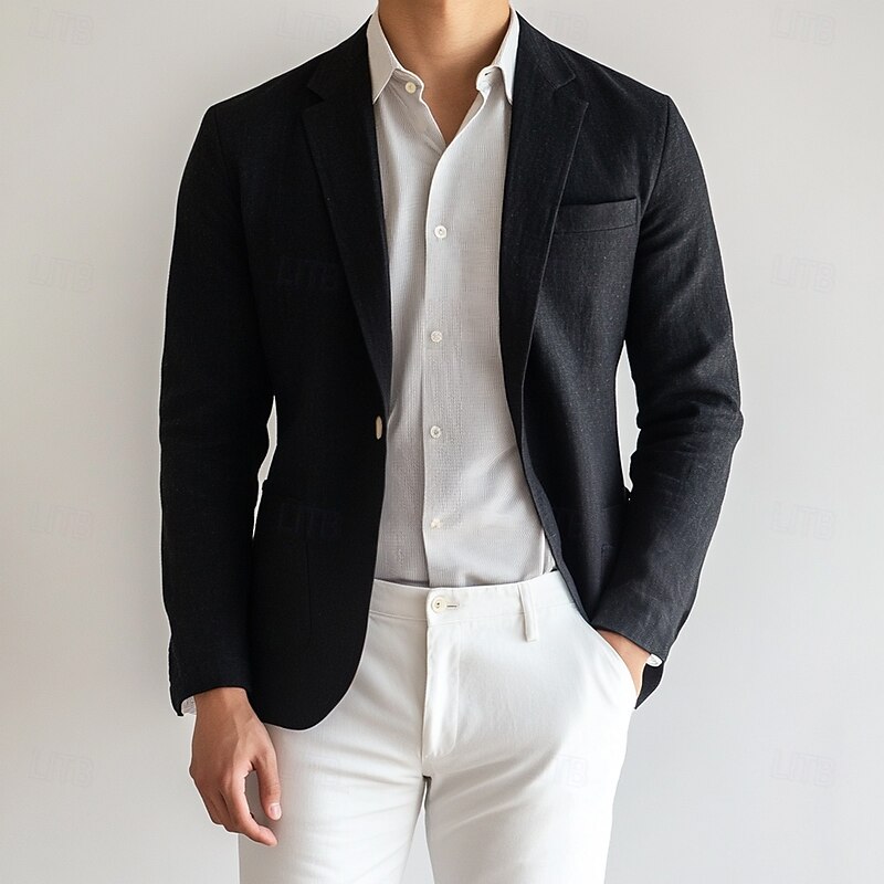 Men's Linen Blazer Sport Coat Notch Collar Fashion Casual Solid Colored Linen Blazer Black Standard Fit Single Breasted One-button2