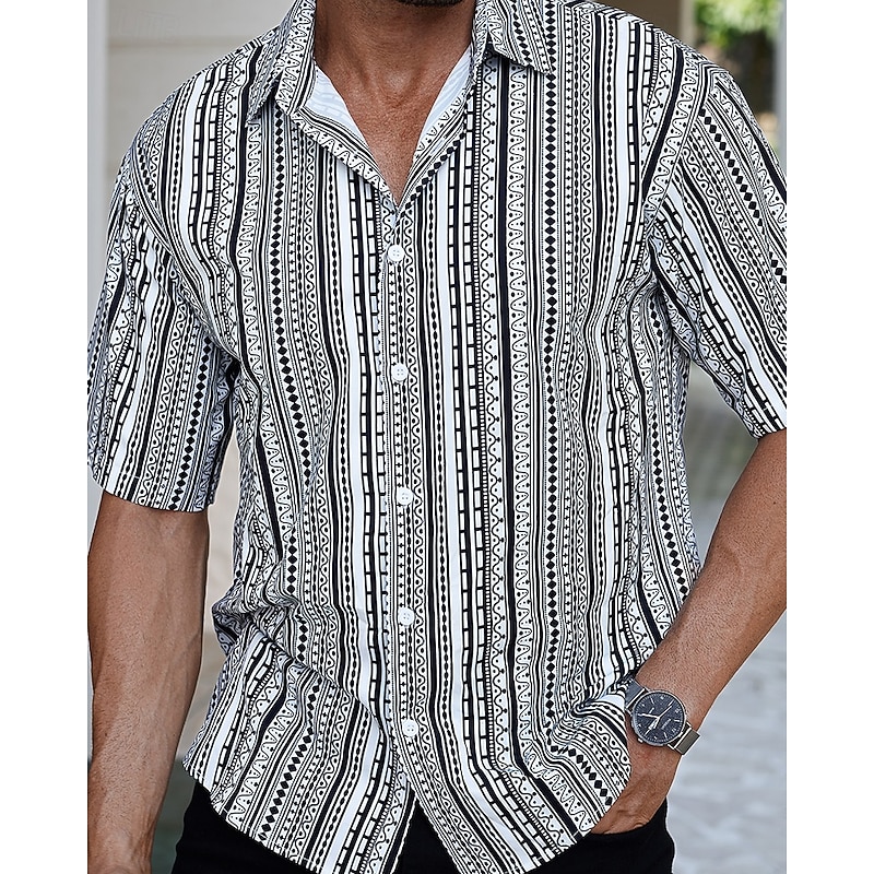 Men's Shirt Summer Shirt Casual Shirt Beach Shirt Button Up Shirt Black Short Sleeve Stripes Shirt Collar Vacation Hawaiian Clothing Apparel Polyester Fashion Casual Comfortable