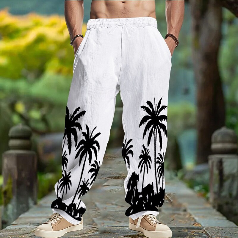 Men's Linen Pants Trousers Summer Pants Baggy Pants Drawstring Elastic Waist Straight Leg Coconut Tree Comfort Breathable Full Length Yoga Daily Running Fashion Retro Vintage Black White2