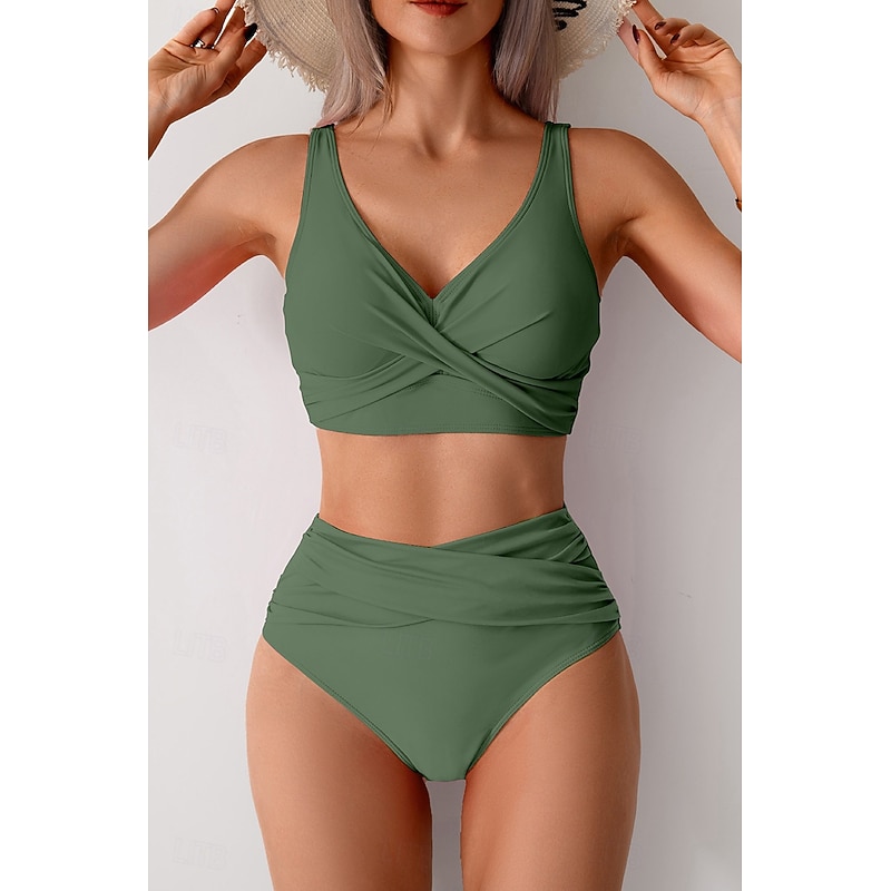 Women's Swimwear Bikini Swimsuit Ruched High Waisted Tropical Beach Wear Plain V Wire Sleeveless Bathing Suits