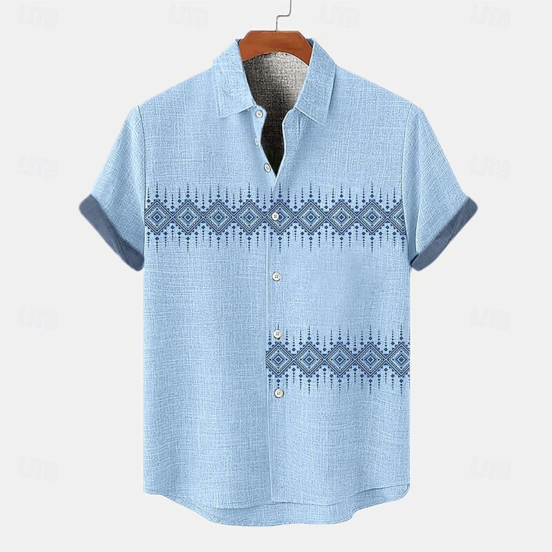 Men's Shirt Linen Shirt Retro Shirts Vintage Shirt Ethnic Shirt Ethnic Vacation Daily Khaki Gray Light Blue Short Sleeve Turndown Summer Spring Clothing Apparel4