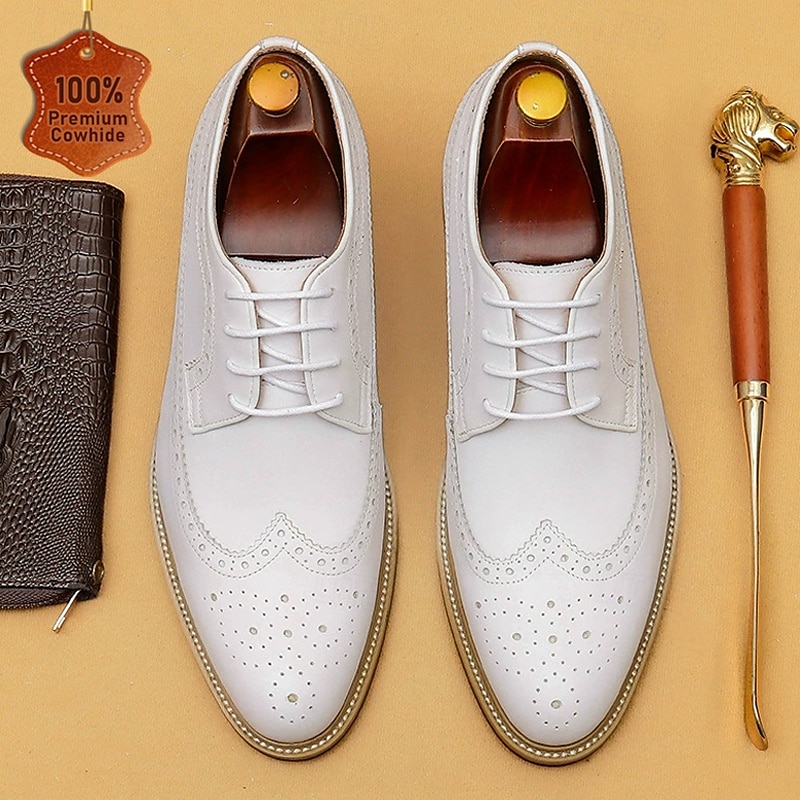 Men's White Premium Cowhide Lace-Up Brogue Shoes with Perforated Detailing, Formal Style for Weddings and Special Events