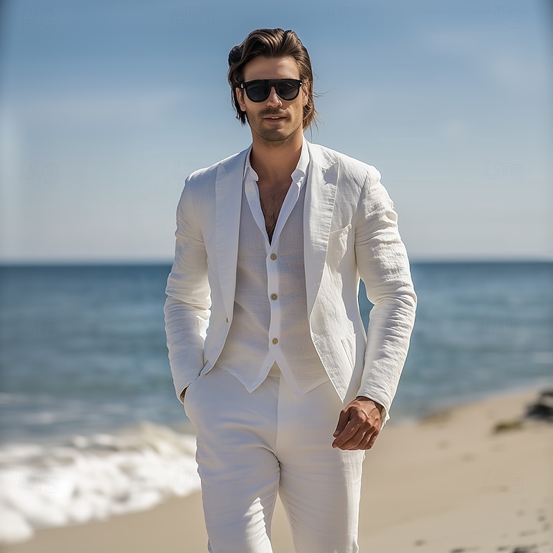 Men's Beach Wedding Linen Suits White Beige Lightweight Casual Solid Colored Standard Fit 2 Piece Single Breasted One-button