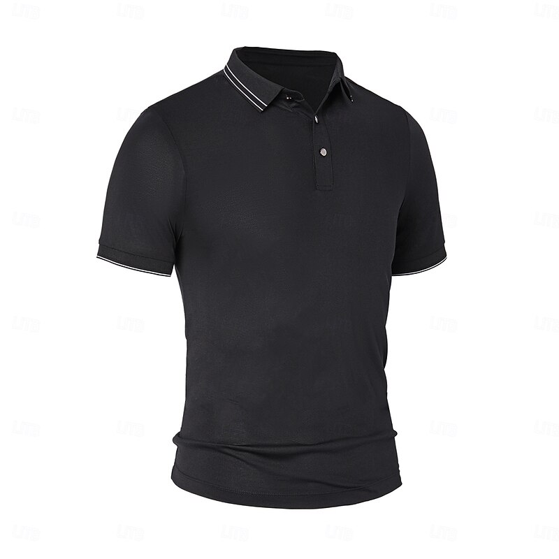 Men's Cotton Silk Stripe-Trim Polo Work Street Classic Short Sleeve Vacation Fashion Summer Spring Black White Light Grey Polo2