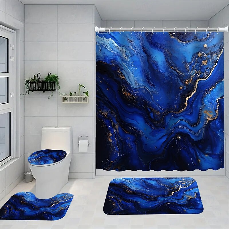 Marble Pattern Shower Curtain Set, 180cm*180cm(70"*70") 4-Piece Abstract Design, Waterproof Polyester with Non-Slip Bathroom Mat, Toilet Lid Cover, Rug, Includes 12 Hooks for Bathroom Decor4