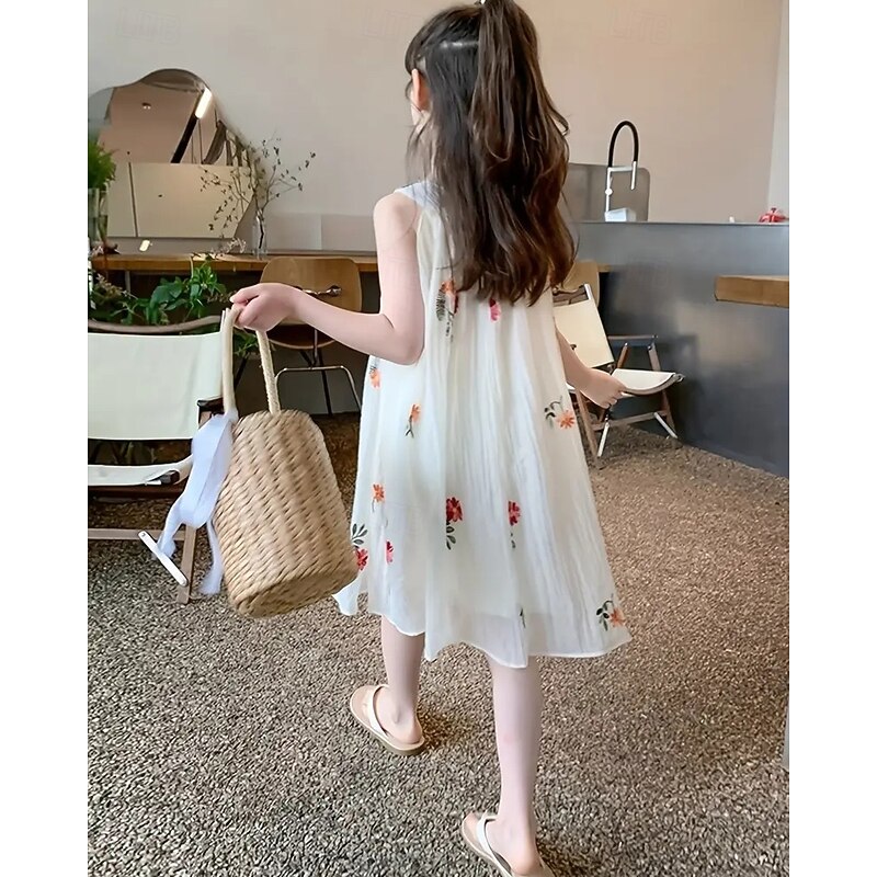 Kids Girls' Dress Floral Dress Flower Sleeveless Outdoor Casual Fashion Daily Polyester Knee-length Casual Dress Floral Dress Summer 4 years+ Beige2