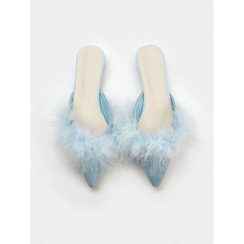 Women's White Fluffy Pointed Toe Flat Mules – Cozy Faux Fur Slip-On Shoes for Casual Chic Outfits2