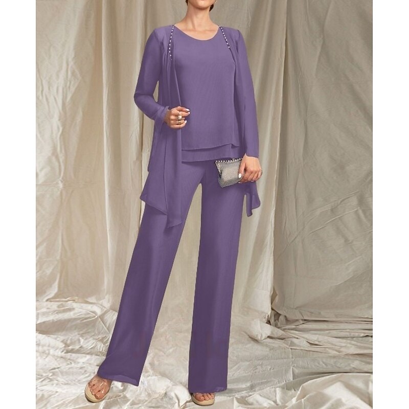Pantsuit 3 Piece Mother of the Bride Dress Wedding Guest Elegant Crew Neck Floor Length Chiffon Long Sleeve with Beading