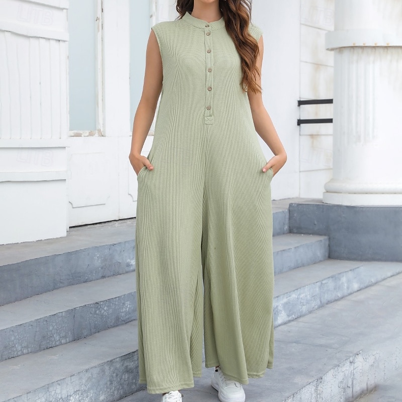 Women's Normal Jumpsuit Streetwear Solid Color Sleeveless V Neck Buttons Street Going out Regular Fit Black White Light Green Summer2