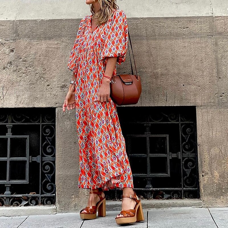 Women's Long Dress Maxi Dress Print Dress Fashion Lantern Sleeve Vacation Holiday Going out Regular Fit Flower Half Sleeve V Neck Purple Orange Rose Red Summer3