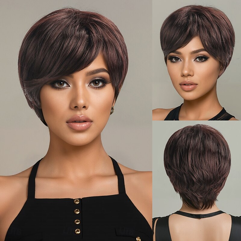 Synthetic Wig Straight Natural Straight Asymmetrical Neat Bang Machine Made Wig 10 inch A1 Synthetic Hair Women's Cool Classic Comfortable Multi-color