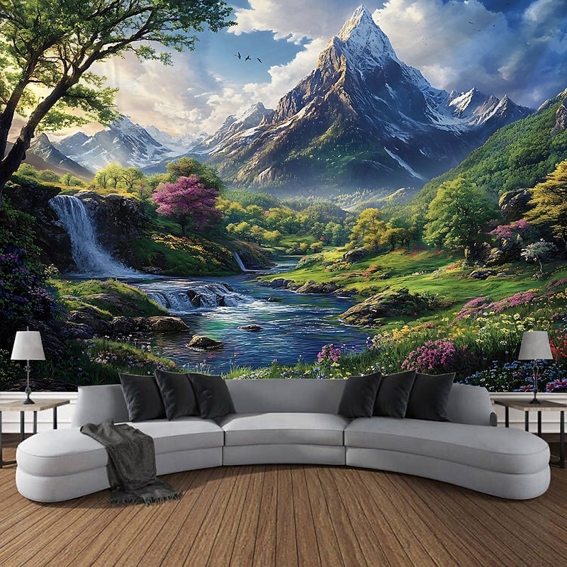 Beautiful Lake Waterfall Plant Landscape Hanging Tapestry Wall Art Large Tapestry Mural Decor Photograph Backdrop Blanket Curtain Home Bedroom Living Room Decoration2