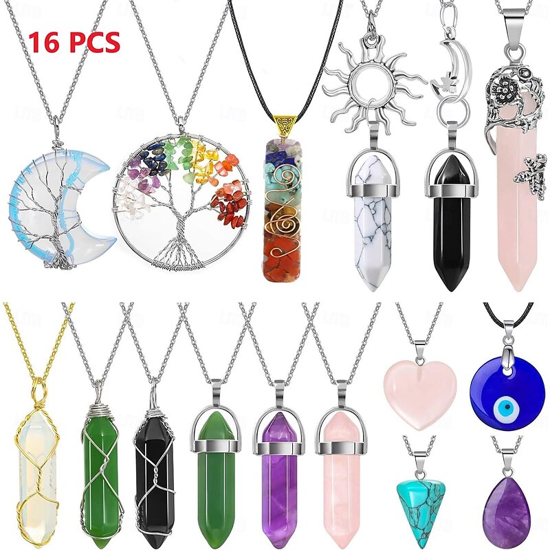 16pc Crystal Pendant Necklace Amethyst Hexagonal Column Evil Eye Braided Wire Tree Of Life Pendant Necklace