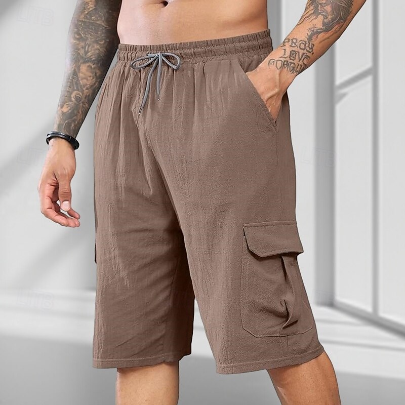 Men's Shorts Linen Shorts Summer Shorts Beach Shorts Drawstring Elastic Waist Multi Pocket Plain Comfort Breathable Knee Length Outdoor Daily Beach Fashion Classic Style Dark Brown Black