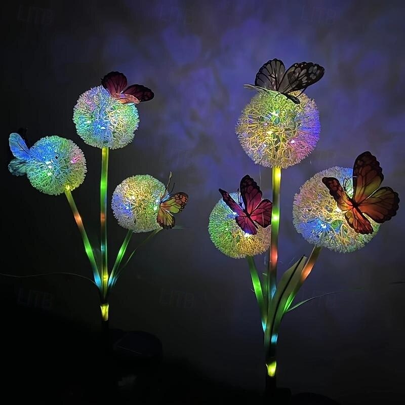2 Pcs LED Outdoor Solar Lights 3 Head Simulated Dandelion Onion Butterfly Strip Light with Luminous Ground Insertion Patio Lights Courtyard Garden Park Path Lawn Wedding Party Festival Atmosphere