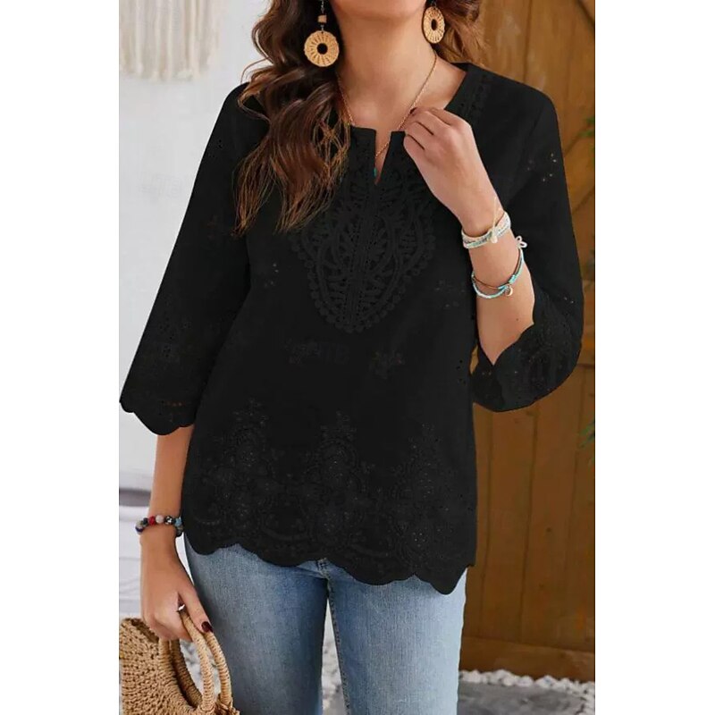 Women's Lace Shirt Blouse Plain Modern Casual 3/4 Length Sleeve V Neck Regular Tops Holiday Going out Lace Black White Summer4