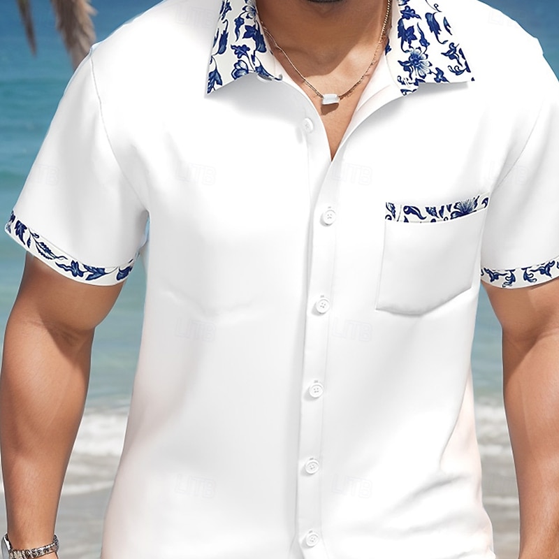 Men's Floral Print Flowers Shirt Summer Shirt Button Up Shirt Short Sleeve Fashion Casual Vacation Sports Outdoor Beach Wear Summer Spring Turndown Collared Shirts Front One Pocket White2