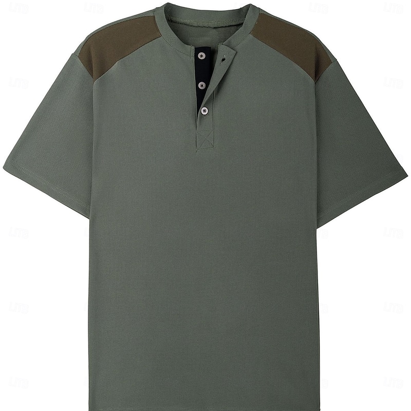Men's Waffle Henley Shirt Tee Short Sleeve Solid Color Vintage Daily Patchwork Buttons Henley Outdoor Casual Daily Summer Spring &  Fall Black White Burgundy Henley T-Shirt3